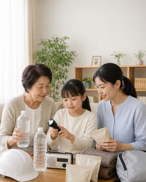 Multigenerational Japanese Family Preparing Emergency Supply Kit,防災用品を準備する日本人三世代家族