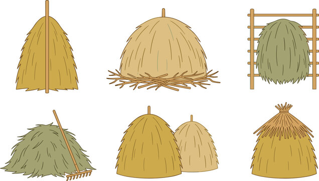 Traditional Haystack Collection Featuring Rustic Straw Piles, Hay Ricks, Wooden Rack Storage, Farm Tools, and Agricultural Harvest Elements