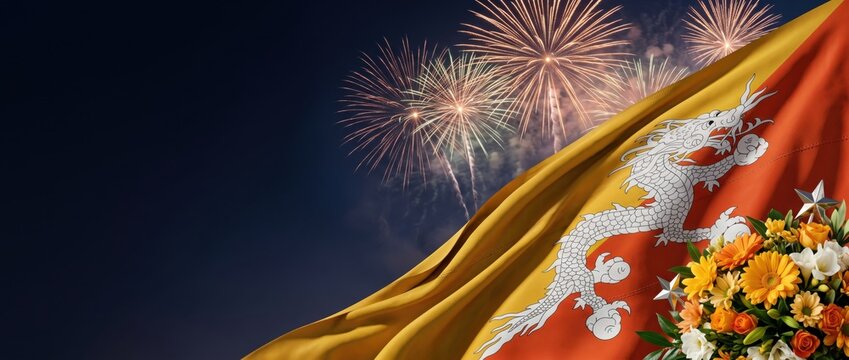 Waving flag of bhutan featuring a white dragon on a yellow and orange background, with bright fireworks, exploding in the, dark night sky, and a bouquet, of colorful flowers, in the corner