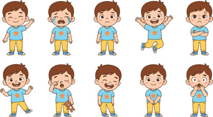 Cute boy cartoon character showing different emotional expressions including happy sad angry crying and surprised reactions