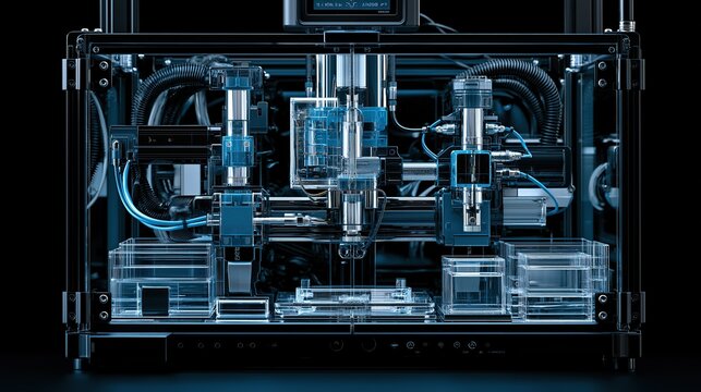 Modern high precision dual extruder 3d printer with transparent components and blue accents on dark background shows advanced additive manufacturing technology