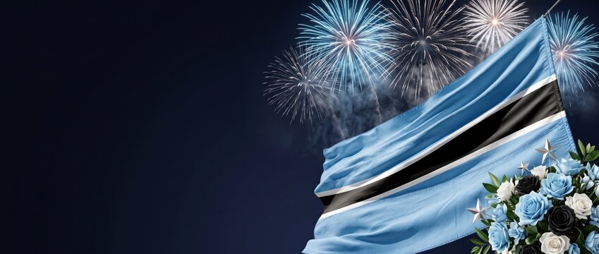 Waving flag of botswana against a dark night sky with bright blue and white fireworks bursts and a decorative bouquet of blue, black, and white roses in the corner