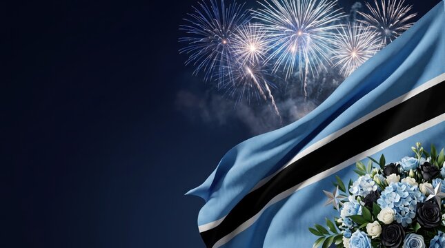 Waving flag of botswana with a central black stripe and white fimbriation, set against a dark night sky filled with bright white fireworks and a bouquet of blue and white flowers in the corner