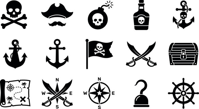 Set of black silhouette pirate icons featuring skulls anchors swords and treasure maps