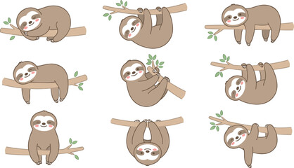Naklejka premium Cute sloth character doodle set featuring funny cartoon sloths sleeping hanging and climbing on tree branches