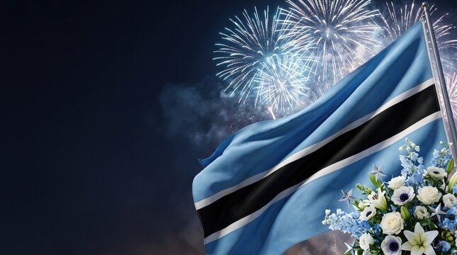 Waving flag of botswana with a central black stripe and white fimbriations, set against a dark night sky filled with bright, exploding white fireworks and a bouquet of white flowers