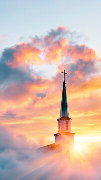 A church steeple with a cross rises above mist and clouds, illuminated by warm, glowing sunrise or sunset light.
