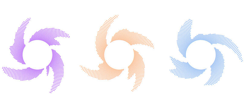 Abstract circular design elements made of small dots, swirling vortex shapes in purple, orange, and blue colors, modern digital graphic icons