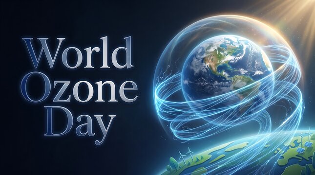 World Ozone Day Global Concept with Earth Protected by Atmospheric Shield and Renewable Energy Icons for Environmental Preservation Campaign
