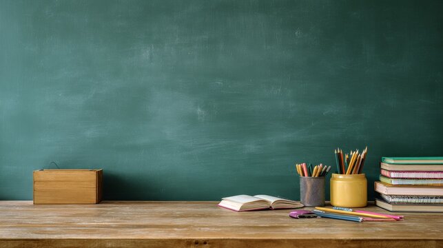 Back to school classroom background with green school board, teacher desk, blank blackboard and copy space, modern indoor learning environment, education, teaching, classroom study and academic concep