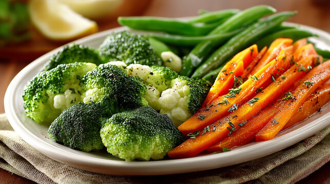 Healthy steamed vegetables including broccoli florets green beans and glazed carrots on a white