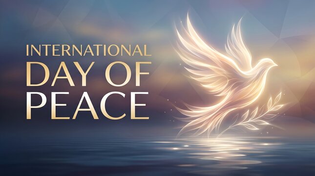 International Day of Peace banner featuring a glowing white dove with an olive branch over calm sunset ocean, concept of global harmony and hope.