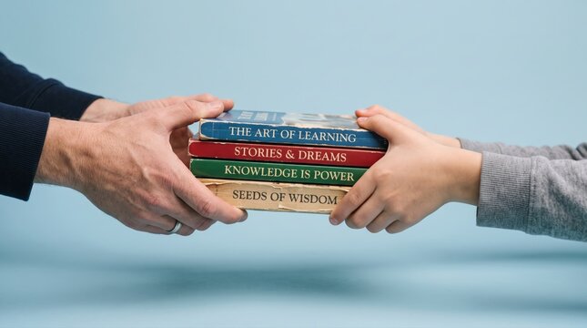 Hands Passing Stack of Books in a Transfer Scene