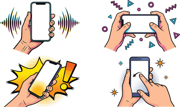 Retro Pop Art Style Smartphone Mockup Set with Hand Gestures, Sound Waves, and Gaming Elements for Mobile App Promotion Designs