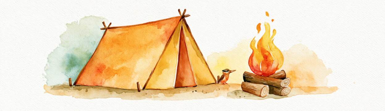 A watercolor illustration of an orange tent beside a campfire with a small bird perched on a stick, set against a light background.