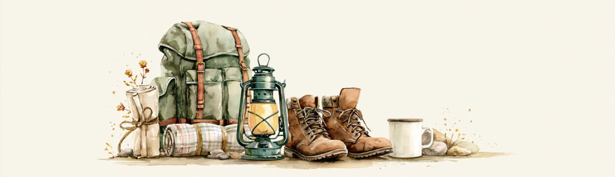 A rustic camping setup featuring a large backpack, boots, a lantern, a rolled-up mat, a mug, and dried plants, evoking outdoor adventure and wilderness.