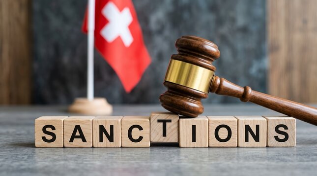 Wooden blocks spelling sanctions placed next to judge gavel alongside swiss national flag display Switzerland law justice word table court letter penalty prohibition embargo