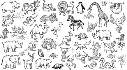 Naklejka premium Cute cartoon animals and mythical creatures sticker set featuring lion elephant dragon pegasus giraffe and mermaid vector
