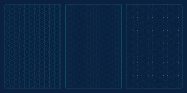 Set of three isometric grid patterns on dark blue background, triangular geometric mesh for 3d design and perspective drawing