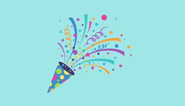 Vibrant party popper exploding with colorful paper streamers and confetti shapes on a solid light blue background.