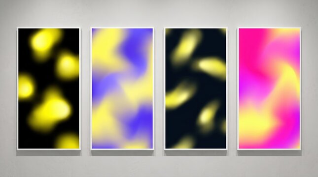 Four vertical panels with vibrant fluid gradient art on a neutral gray wall background