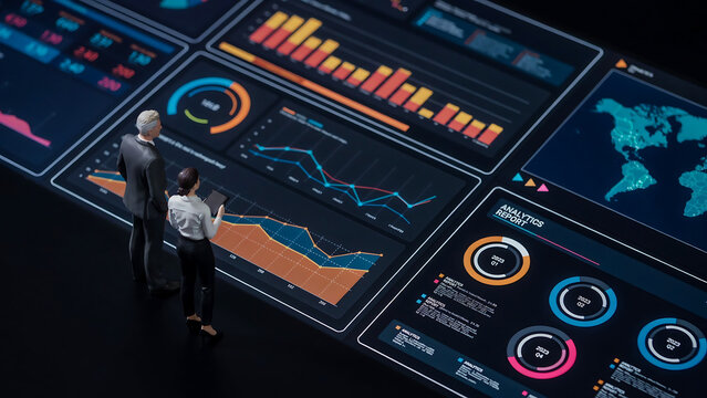 Business professionals analyzing complex data visualization dashboards and global statistics with business analytics dashboard technology statistics professional corporate management strategy