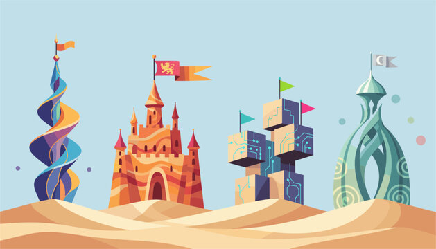 Creative illustration featuring four distinct sand castle designs situated on sand dunes under a clear blue sky.