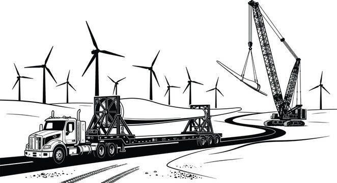 Wind turbine construction site with heavy transport truck delivering blades and crawler crane lifting rotor vector illustration