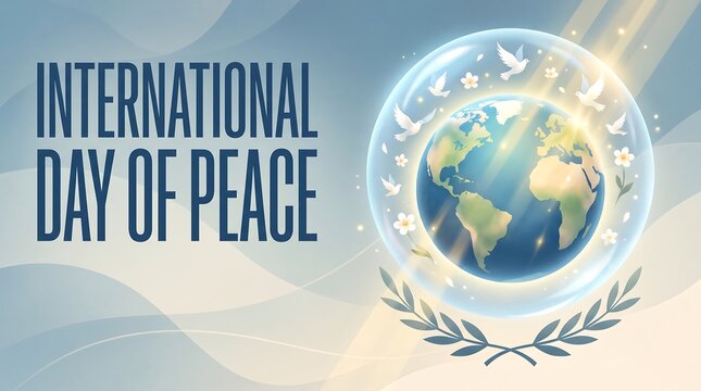 International Day of Peace Banner with Planet Earth in Glass Sphere, White Doves, and Laurel Wreath Symbolizing Global Unity and Harmony