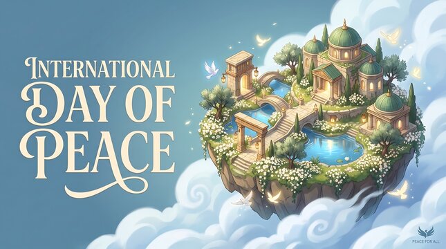 International Day of Peace Ethereal Floating Island with Classical Architecture, White Doves, and Serene Pond Background for Global Harmony