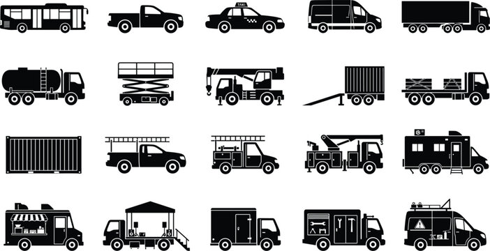 Commercial utility vehicles and transport trucks silhouette icon set featuring bus taxi crane trailer and camper vector