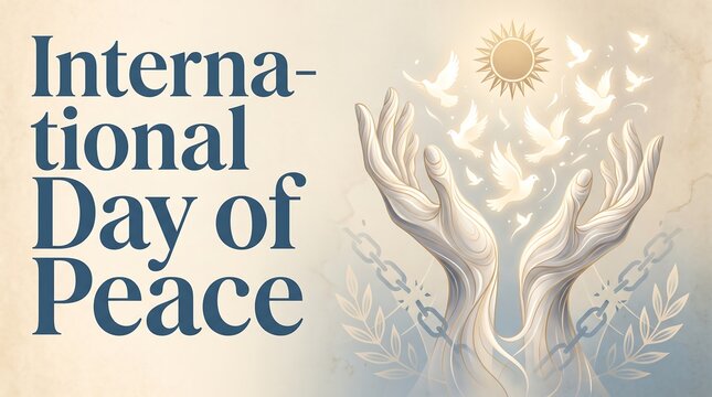International Day of Peace Concept Banner featuring Flying White Doves, Broken Chains, and Human Hands for Freedom, Global Unity and Hope Campaign