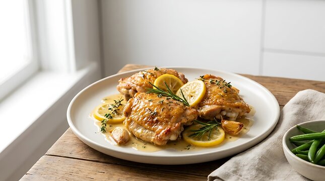 Roasted chicken thighs with lemon and fresh herbs served on a plate. buttery chicken dish