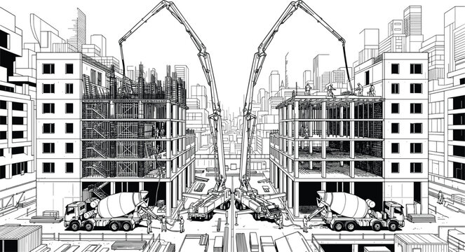 Urban building construction site with concrete pump trucks and mixers pouring foundations ink sketch vector illustration
