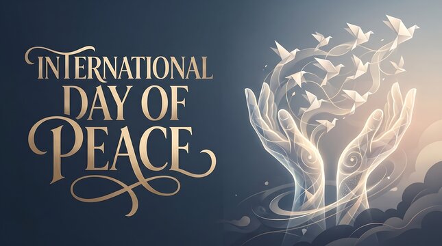 International Day of Peace Celebration Concept with Glowing Ethereal Hands Releasing Origami Doves, Elegant Gold Typography on Dark Background