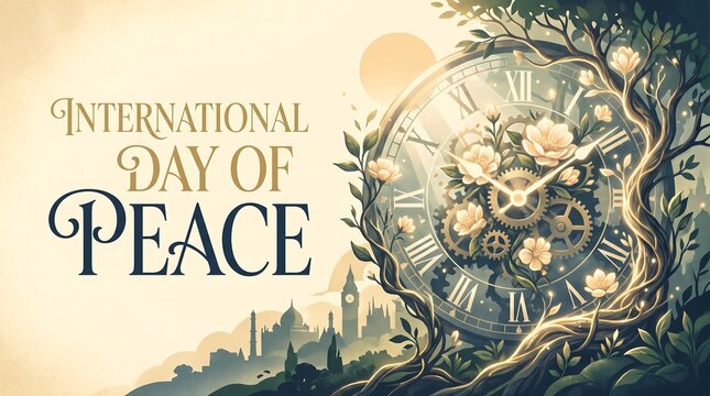 International Day of Peace Illustration with Vintage Clock, Growing Flowers, and World Landmarks Symbolizing Time for Harmony and Global Unity.