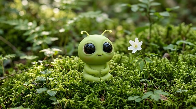 Cute green alien figurine sitting in a lush forest mossy environment with a white flower.