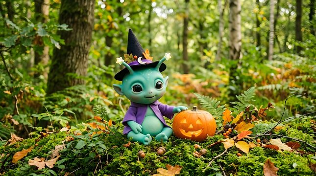Cute green alien in witch hat sitting with a carved pumpkin in an autumn forest setting