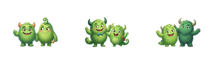 Fototapeta premium Cute Green Monster Clipart Set Cute Little Monsters Couple Cartoon Character Illustration Playful Fantasy Creatures Friends Elements for Kids Nursery Craft Scrapbooking PNG