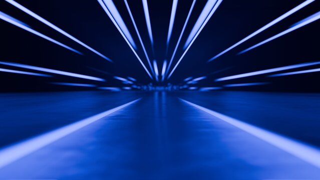 Blue glowing neon speed lines hyperdrive tunnel background 3d rendering