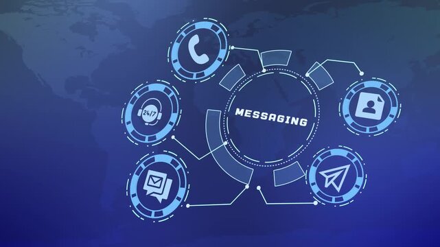 Omnichannel messaging platform graphic featuring digital chat mail and paper airplane icons connected on a global HUD background.