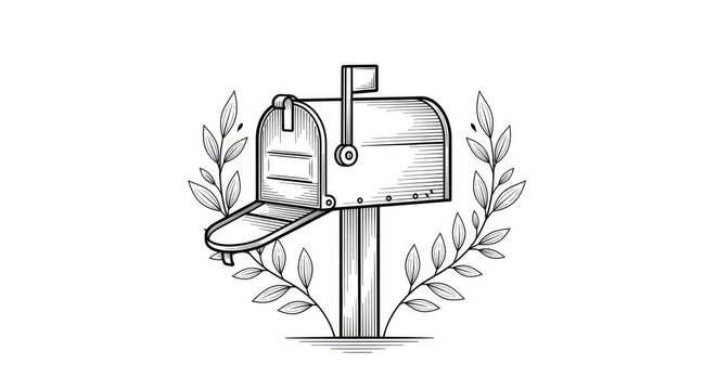 A detailed black and white line drawing depicts a classic mailbox mounted on a wooden post. The mailbox is adorned with leafy branches and a flag.