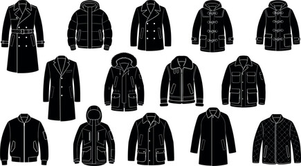 Black Silhouette Collection Of Various Winter Coats And Jackets On White Background © TRY TO GET MUNNA
