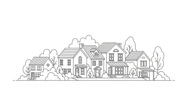 A line drawing depicts a row of houses along a street. The houses vary in style and size, with pitched roofs and windows.