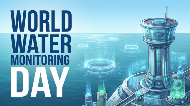 World Water Monitoring Day Banner with Futuristic Research Lab and Digital HUD Interface on Blue Ocean Background