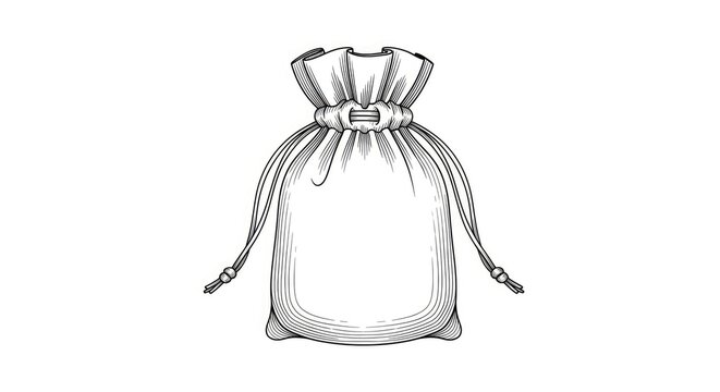 A simple, hand-drawn illustration of a drawstring bag. The bag is rendered in black lines on a white background.
