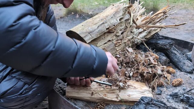 Person lighting a campfire with a ferro rod fire starter, striking sparks onto dry tinder and kindling to create a flame for warmth, cooking, and survival skills