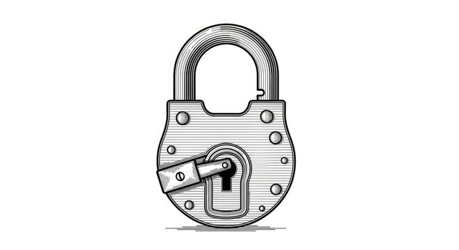 A detailed black and white illustration depicts a padlock with an open keyhole. The padlock is a classic design with multiple rivets and a shackle.