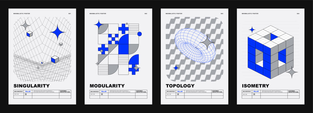 Set of four minimalist posters featuring geometric shapes, grid systems, and architectural concepts like singularity, modularity, topology, and isometry