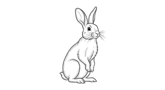A rabbit stands upright on a white background. The rabbit has long ears and a fluffy tail.